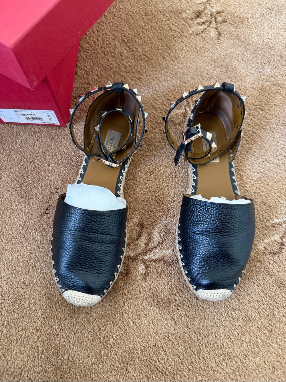 Valentino Garavani Black Leather Rockstud Espadrille Ankle-Strap Flats